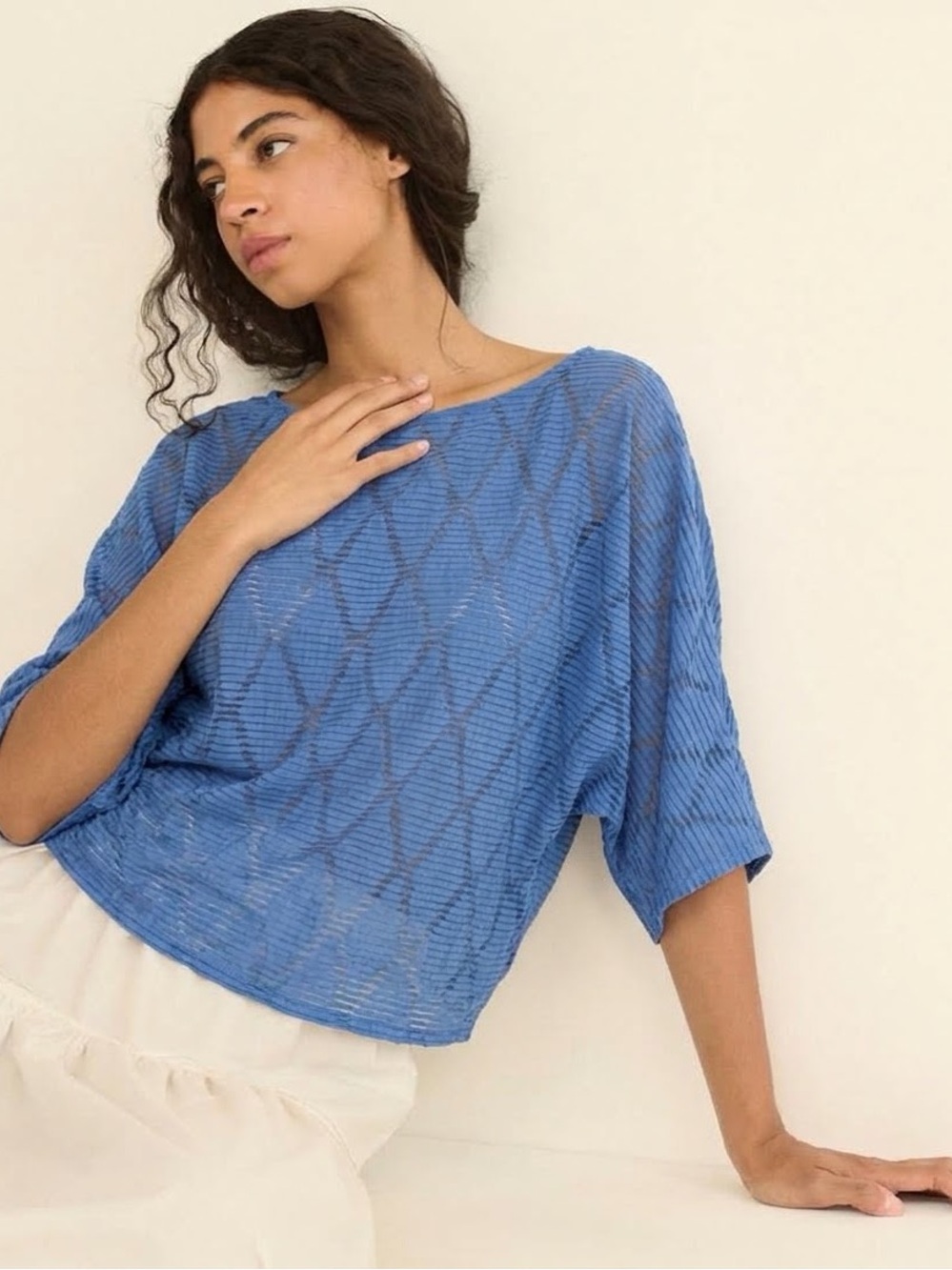 Sisley Blue Diamond-Texture Short Sleeve Semi-Sheer Knit Top